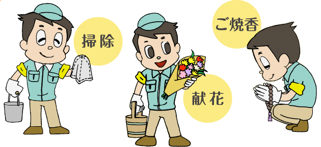 掃除、献花、ご焼香など